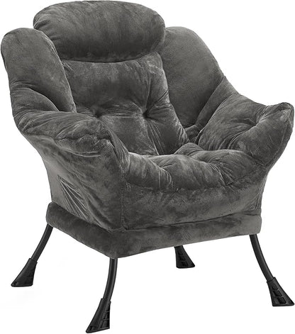 Fabric Lazy Chair for Adults, Oversized Upholstered Sofa Chair, Plush Comfy Lounge Chair with Large Side Storage Pocket, Thick Padded Reading Chair for Living Room, Bedroom, Office, Dark Gray