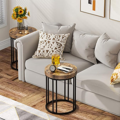LITTLE TREE Round Side Table, End Table with Metal Frame, Small Wood Tables Tiny Coffee Accent Table Nightstand for Smaller Spaces, Living Room, Bedroom, Balcony (Brown, 2PCS)