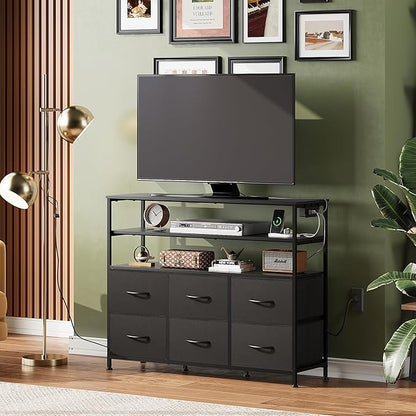 WLIVE Black TV Stand for 40, 45 inch TV, Entertainment Center with LED Lights & Charging Station, TV Media Console Table with 6 Fabric Drawers and Open Shelves for Living Room, Hallway, Wood Top