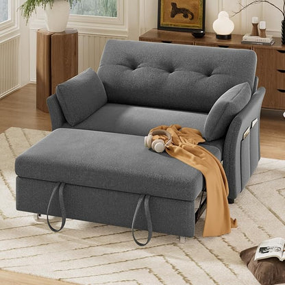 Vipbear 3-in-1 Chenille Convertible Sofa Bed, Pull Out Sleeper Sofa with Reclining Backrest & Side Pocket, Tool-Free Assembly, Folding Loveseat for Living Room, Apartment, Grey