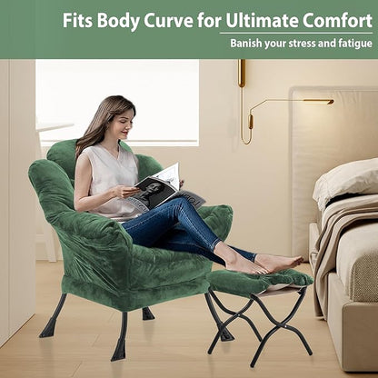 Lazy Chair with Folding Ottoman, Accent Chair Plush Upholstered with Metal Structure and Non-Slip Pads, Sofa Armchair with Footrest and Side Storage Bag for Dorm, Room, Office, Green