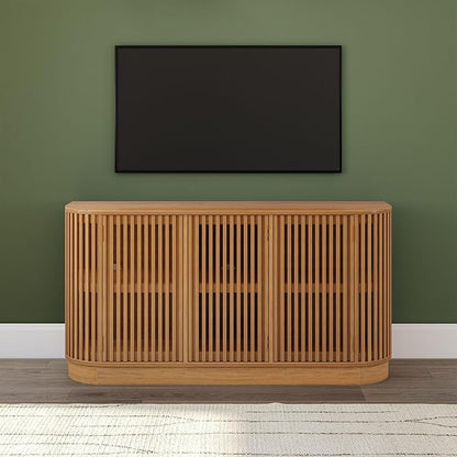 Plank+Beam Contour Wood TV Stand, Three Door Solid Wood Entertainment Console with Storage, 59" L x 16" W x 30" H, Pecan