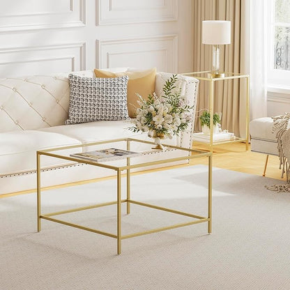 Glass Coffee Table, Modern Square Coffee Table for Living Room, Minimalist Center Tea Table with Sturdy Metal Frame for Apartment, Office, Easy Assembly, 27.6 x 27.6 x 17.7 Inches, Golden
