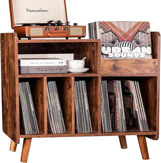 Record Player Stand, Large Record Player Table Cabinet with Open Vinyl Storage and Display Shelf Holds up to 350 Albums, Mid Century Wood Turntable for Living Room, Bedroom (Brown)