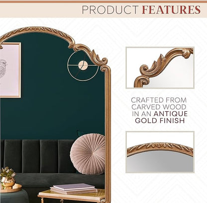 English Estate Carved Arch Wood Wall Mirror, Mirror for Entryway, Living Room, Bathroom, Antique Gold, 22x30
