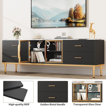 Garvee LED Lighted TV Stand for 55-75" TVs, Modern Entertainment Center with Drawers & Shelves, Glass Doors Living Room Furniture, Black