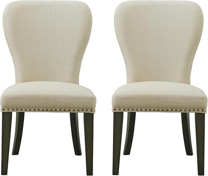 Alaterre Furniture Savoy Upholstered Dining Chairs – Set of 2 Parsons Style Accent Chairs with Cream Linen Fabric, Nailhead Trim, and Dark Stained Legs – for Dining Room, Desk, or Sitting Area