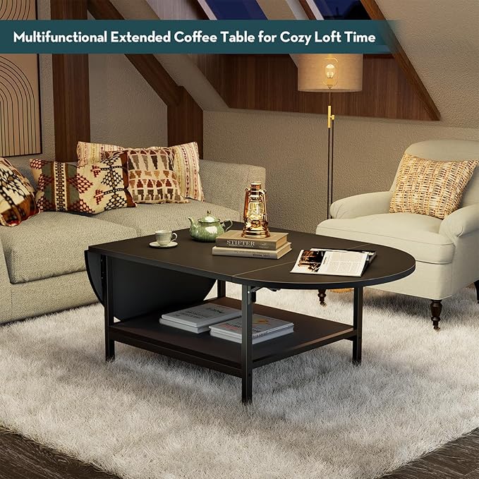 SAYGOER Black Coffee Table Modern Extended Coffee Tables with Storage for Living Room 2-Tier Unique Center Table with Two Folding Panel for Any Large or Small Space,Foldable, All Black