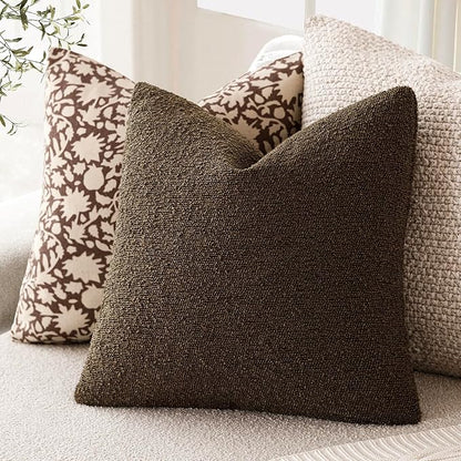Foindtower Pack of 2 Textured Boucle Throw Pillow Covers Accent Solid Decorative Pillow Cases Cozy Woven Couch Cushion Case for Sofa Bedroom Living Room Home Decor 20x20 Inch Chocolate