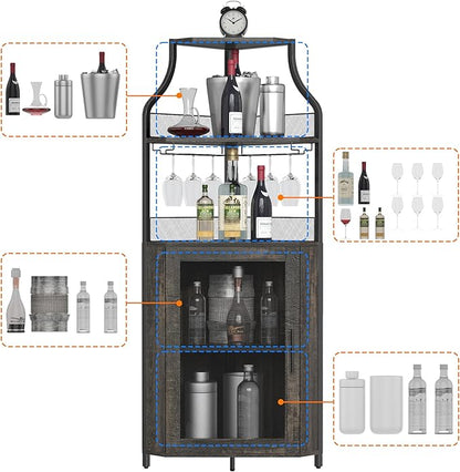 GAOMON Rustic Modern Corner Wine Cabinet, 5-Tiers Liquor Cabinet with Glass Holder, Industrial Bar Cabinet for Home, Dark Rustic Oak, 13.4"D x 18.5"W x 61"H