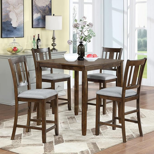 KEIKI 5-Piece Counter Height Dining Table Set with Square Table and 4 Upholstered Slatted Backrset Chair, for 4 Person, Modern Style Wooden Table Set, Easy Assembly, for Kitchen, Dining Room, Walnut