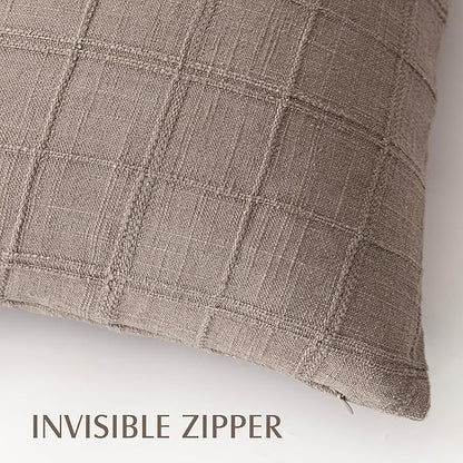 Foindtower Set of 2 Decorative Linen Check Throw Pillow Covers Neutral Farmhouse Vintage Cushion Covers Modern Boho Home Decor for Sofa Chair Couch Bedroom Living Room Outdoor,24×24 Inch,Tan Taupe