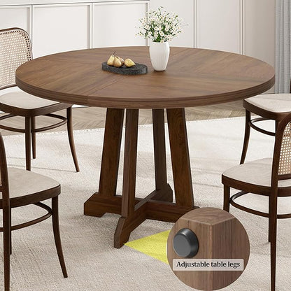 Round Dining Table for 4, 47 Inch Wooden Circle Dinner Table with Sturty Legs, 4 Parts of Tabletop, Round Pedestal Kitchen Tables for Dining Room, Kitchen, Living Room, Brown