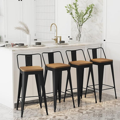 WENTMENT Bar Stools Set of 4 Counter Height Metal Barstools with Removable Back 30" Kitchen Bar Stools with Wooden Seat, Black