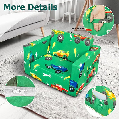 Kids Couch, 2-in-1 Kids Fold Out Sofa, Convertible Toddler Couch to Lounger for Girls and Boys, Soft Toddler Chairs Comfy 1-3 Years Old (Green Monster Truck)