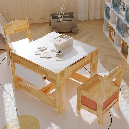 Pinewood Kids Table and Chair Set, 3 in 1 Toddlers Wooden Art Activity Table Desk with Chairs and Storage, Children Removable Tabletop, Blackboard, Natural