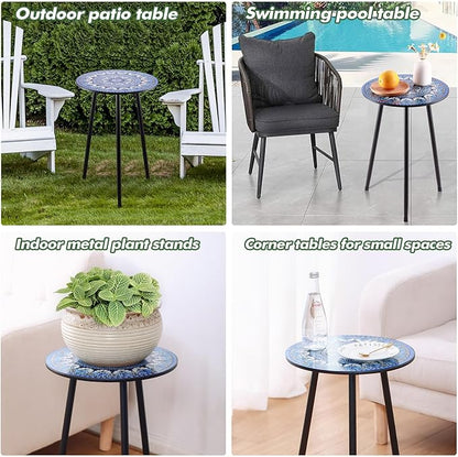 1 Pack Metal Mosaic Round Side Table 13.4" Small End Table for Patio Round Accent Garden Corner Stand for Small Spaces Weather-Resistant for Balcony Plant Stand Indoor Outdoor
