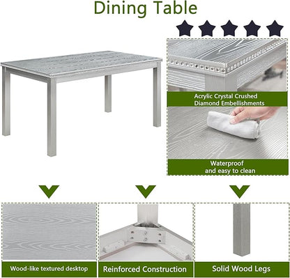 KEIKI 6-Piece Standard Height Dining Table Set with Rectangular Table, 4 Upholstered Chair, Bench, for 6 Person, Crystal Decoration Table Set, Easy Assembly, for Kitchen, Dining Room, Silver Grey