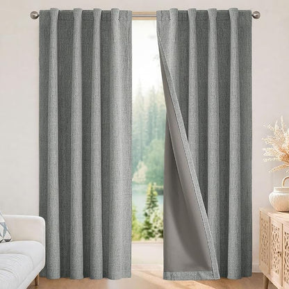 Joydeco 100% Blackout Curtains for Bedroom - Natural Linen Curtains 100" W x 108" L Long, Thermal Insulated 1 Panels Light Grey. Room Darkening Light Blocking Drapes for Living Room
