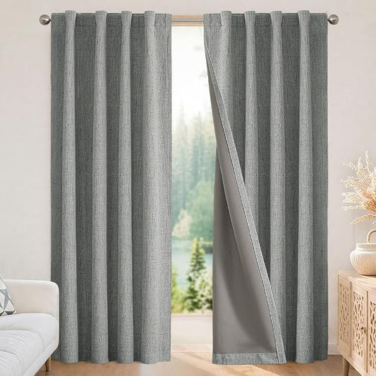 Joydeco 100% Blackout Curtains for Bedroom - Natural Linen Curtains 52" W x 72" L Long, Thermal Insulated 2 Panels Light Grey. Room Darkening Light Blocking Drapes for Living Room