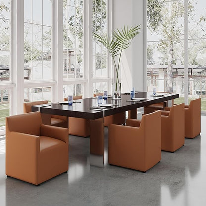 Manhattan Comfort Anna Square Modern Dining Chair with Arms, Head-to-Toe Faux Leather Upholstered Accent Armchair with Plastic Foot Padding, Set of 1, Saddle