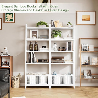 Bamjoy Bamboo White Bookshelf with Slatted Basket, Ladder Bookcase with 4 Display Shelves and 1 Open Storage Basket, Multifunctional Storage Rack Organizer for Home Office, Bedroom, Living Room, 66” H