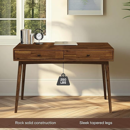 Acacia Lagom 48" Solid Wood Work Desk with Drawers, Home Office Desk Office Furniture, Work Table for Home Office, Scandinavian Style Wood Work Desk for Home Office, Walnut