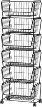 PUSDON Stackable Metal Storage Carts, Dual Use Shelf for Kitchen Fruit Vegetable Baskets with Wheels, Storage Rack for Living Room, Home & Office, Standard Black 6 Tiers