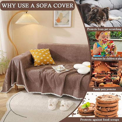 HANDONTIME Brown Sofa Covers Simple Couch Cover for Pet White Floral Couch Cushion Covers for L Shape Chocolate Sofa Throw Cover Sectional Couch Covers for Living Room Machine Washable, 71" X150"