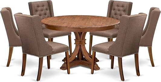 F7FO7-50N-18 - 7-Piece Dining Room Set Contains A Kitchen Table and 6 Brown Polyester Fabric Parsons Chairs with Button Tufted Back, Antique Walnut