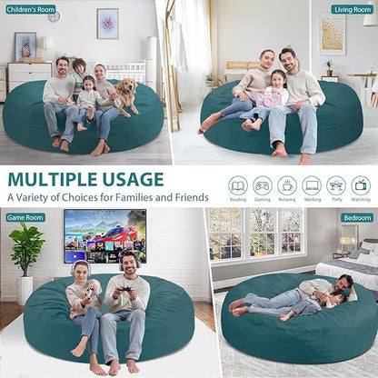 7FT Bean Bag Chair, Large Bean Bag Chairs with Memory Foam Filled, Fluffy Beanbag Sofa with Dutch Velvet Cover, Round BeanBag Chairs for Living Room, Playroom - Sea Blue