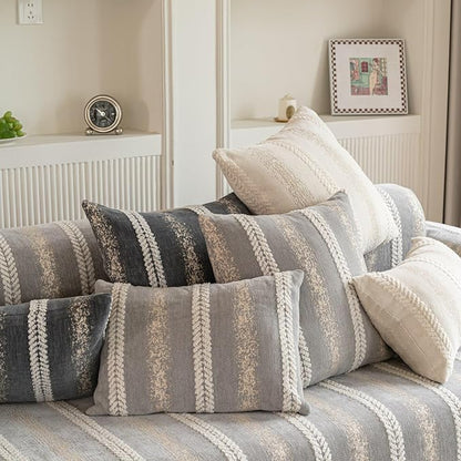 Pack of 1 Decorative Throw Pillow Covers 12x20 Inch, Pillow Cases for Living Room Couch Bedroom Farmhouse Home Decor, Soft Stripe Chenille Cushion Covers for Sofa Beige,12''x20''
