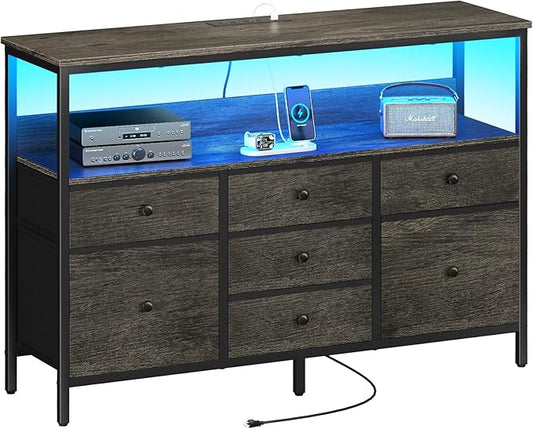 Yoobure LED TV Stand for Bedroom, 50 Inch Kids Dresser with Power Outlets, 7 Drawers Entertainment Center with Storage Shelf, TV Stands Dresser for Bedroom, Living Room, TV Console Entertainment Stand