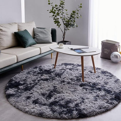 FJZFING Tie-Dyed Dark Grey Round Rug Ultra-Soft Plush Modern 7x7 Circle Area Rug for Kid's Bedroom, Fluffy Shag Circular Rug for Nursery Room, Non-Slip Tie-Dyed Dark Grey Rug for Teen's Room