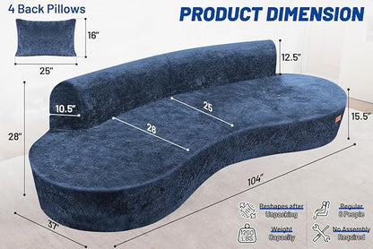 Homguava 104'' Modular Sectional Sofa,Curved Modern Sofa with Memory Foam,Deep Seat Cloud Couch with 4 Pillows,Upholstered Oversized Couches for Living Room Apartment Office,No Assembly Required, Blue