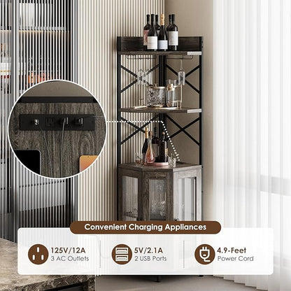 Corner Bar Cabinet with Power Outlet, 5-Tier Corner Wine Cabinet with Led Strip and Glass Holder, Industrial Tall Liquor Cabinet Bar Wine Rack for Home, Grey Oak