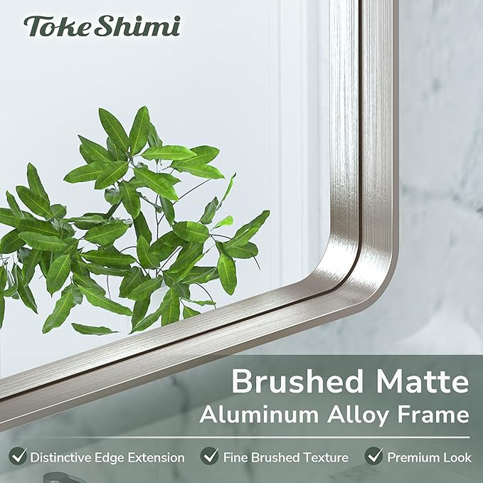 TokeShimi 20x30 Brushed Nickel Bathroom Wall Mirror Vanity Metal Frame Round Corner Rectangular for Home Decor Living Room Entryway (Horizontal/Vertical)