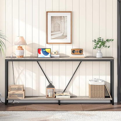HOOBRO 78.7" Extra Long Sofa Console Table with Charging Station, 2-Tier Behind Couch Table with V-Brace, for Narrow Entryway, Hallway, Living Room, Greige BG206UXG01