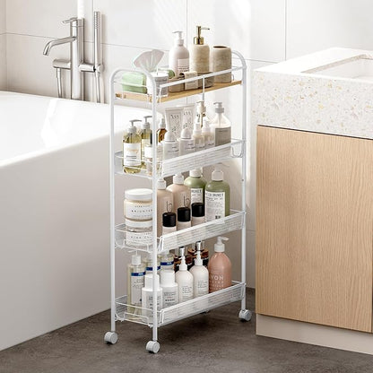 KINGRACK Metal Slim Rolling Cart,4-Tier Metal Utility Cart,Storage Cart with Wooden Tabletop, for Narrow Space on Laundry Bathroom Kitchen Room Bedroom Apartments Dormitory (Pure White, Slim)
