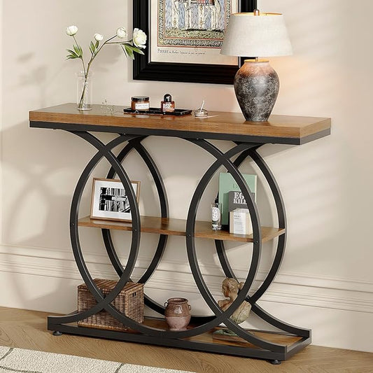 GiftGo Narrow Console Table for Entryway Industrial 3-Tier Sofa Table Behind Couch with Circle Base Wooden Accent Wall Tables with Storage Shelves for Living Room, Hallway, Foyer (Rustic Brown)