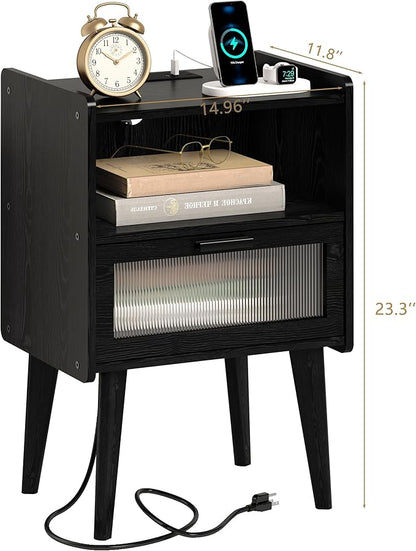 Nightstand with Charging Station, Bedside Tables with Glass Decorative Door, Black Wood Grain End Table, Side Table with 2 Tiers Storage Space for Bedroom Living Room CAMLBZ07XE