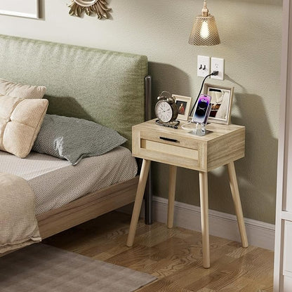 HAIOOU Nightstand with Charging Station Rattan Drawer, Mid Century Modern Side Table, End Beside Table with Pine Wood Legs Storage for Bedroom Living Room