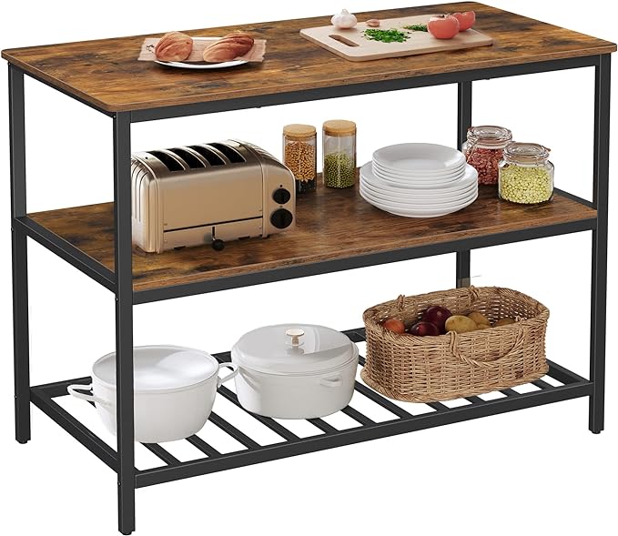 VASAGLE Kitchen Island with 3 Shelves, 47.2 Inches Width Kitchen Shelf with Large Worktop, Stable Steel Structure, Industrial, Easy to Assemble, Rustic Brown and Black UKKI01BX