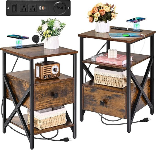 Nightstand Set of 2 with Wireless Charging and USB Ports, End Table Set 2 with Outlets, Bedside Table End Tables with Drawer, Small Night Stand for Bedroom, Living Room, Side Table, Brown
