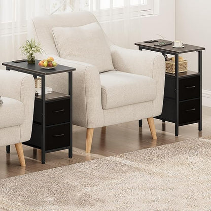 Vagusicc End Table with Charging Station Set of 2, Narrow Side Table, 23.8'' Tall Nightstand with 2 Drawers, Small Sofa Side Table Narrow Nightstand for Small Spaces, Living Room, Bedroom, Black