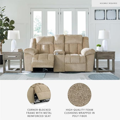Signature Design by Ashley Tip-Off Classic Wall Hugger Power Reclining Loveseat with Adjustable Headrest, USB Ports, Storage and Cup Holders, Light Brown