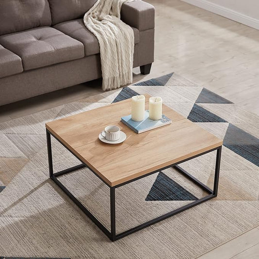 CENSI 30"x30" Natural Oak Accent Coffee Table Ottoman for Living Room, Modern Industrial Style, 1.2" Extra Thick Tabletop (Light Wood)
