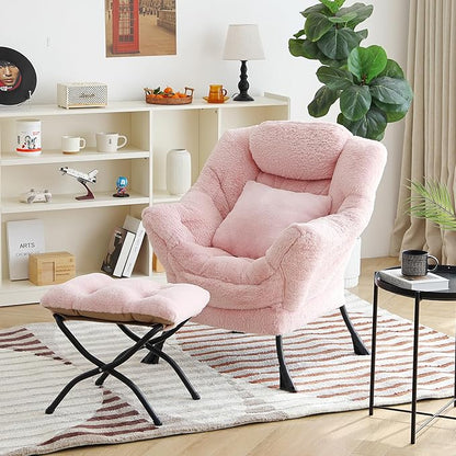 Lazy Chair with Ottoman, Comfy Reading Lounge Chair with Footstool & Throw Pillow Modern with Armrests & Side Pocket for Living Room, Bedroom, Dorm Room, Plush Pink