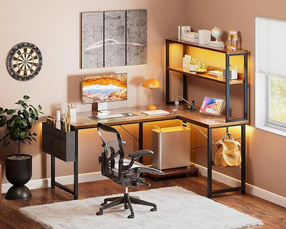 Casaottima Gaming Desk with Power Outlets & LED Lights, 43 Inch Reversible L Shaped Computer Desk with Shelves & Storage Bag, Corner Desk for Home Office, Vintage