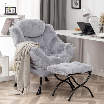 Lazy Chair with Ottoman, Modern Accent Lounge Leisure Sofa with Armrests, Reading Chair and Folding Footstool for Living Room, Bedroom, Office, Plush Grey